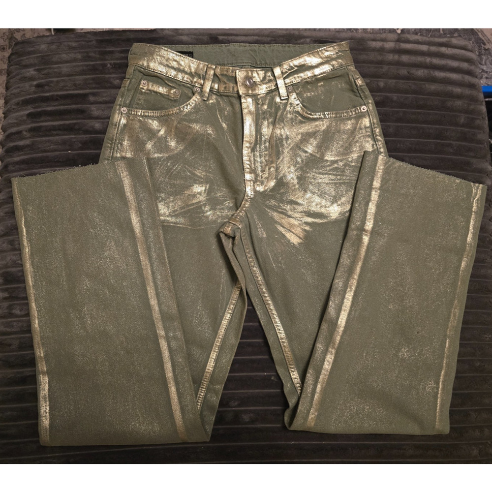 Zara Olive/Sage Green Metallic Straight-Leg Cuffed Women’s Jeans - Picture 7 of 12